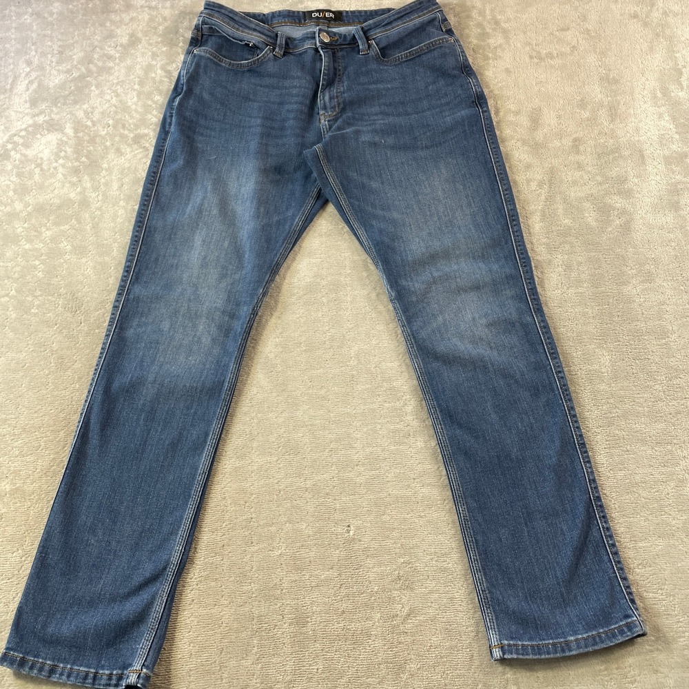 DU/ER Jeans L2X Relaxed Taper Mens 34x30 Blue Performance Denim Stretch Casual